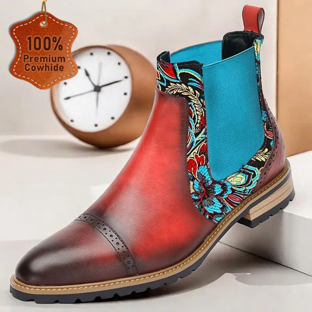 Rote Chelsea-Stiefel aus Leder für Herren mit blauem Gummiband und floralen Akzenten - stilvolles Schuhwerk aus hochwertigem Rindsleder für legere und halbformelle Anlässe Lightinthebox