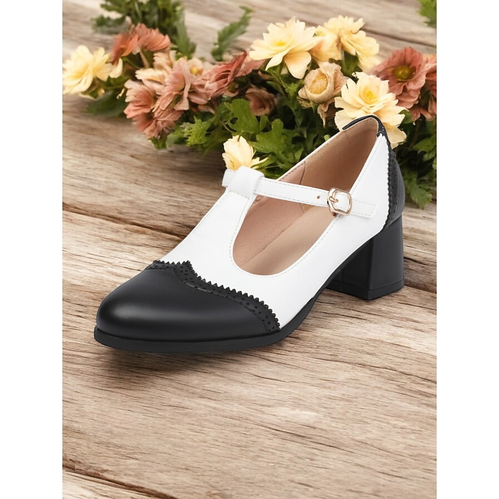 Schwarze und weiße Vintage-Mary-Jane-Pumps für Damen - elegante Schuhe im Retro-Stil mit Blockabsatz für besondere Anlässe Lightinthebox