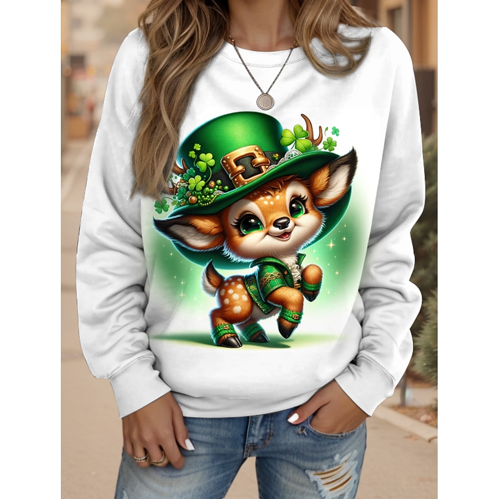 Damen-Sweatshirt zum St. Patrick's Day, Polyester, Tier, Kleeblatt, Street-Style, Print, lässig, Rundhalsausschnitt, lange Ärmel, mikroelastisch, Herbst/Winter Lightinthebox