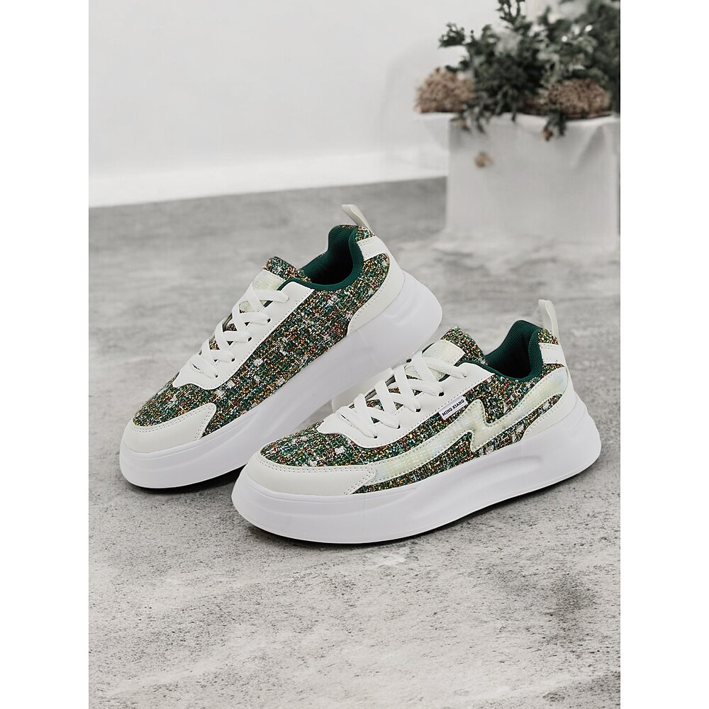 Grüne Tweed-Sneaker für Damen - stylische Schnürschuhe mit bequemer weißer Sohle für den Alltag Lightinthebox