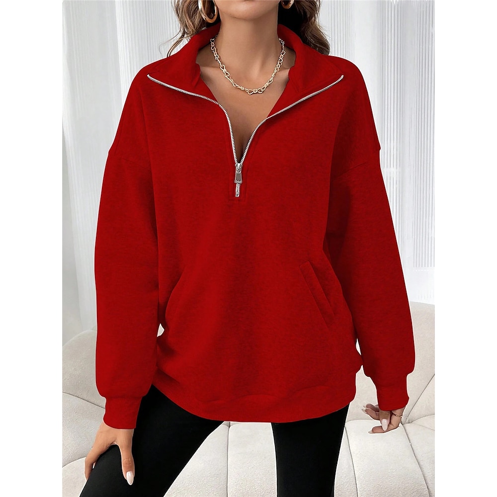 Damen Sweatshirt Pullover Polyester Glatt Strasse Alltagskleidung Tasche Halfzip Troyer Brautkleider schlicht Rollkragen Langarm Mikro-elastisch Herbst Winter Lightinthebox