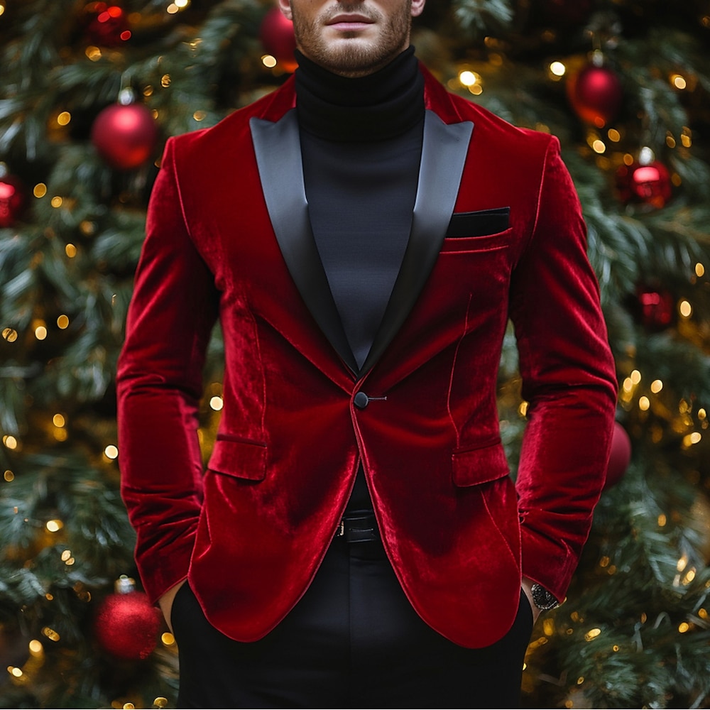 Herren Blazer-Jacke Party Weihnachten Gefüttert Weihnachten Warm Winter Frühling Herbst velvet Feste Farbe Tasche Einreiher - 1 Knopf Blazer Schwarz Rote Grün Lightinthebox