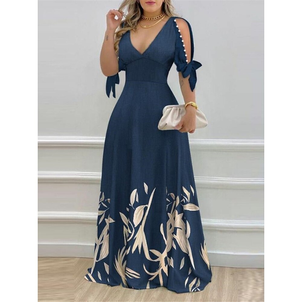 Damen Polyester Blumen Blatt V Ausschnitt Maxidress Halbe Ärmel Sommer Frühling Lightinthebox