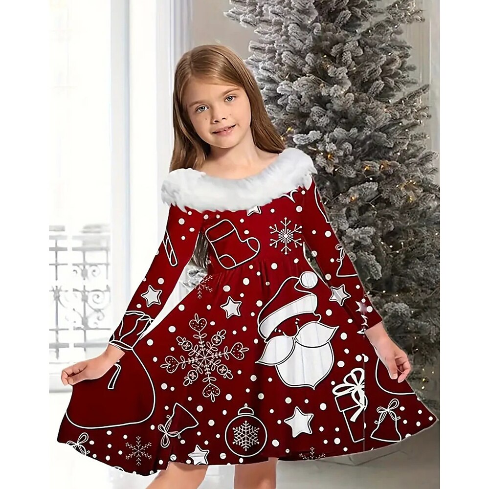 Weihnachten Mädchen' 3D Graphic Weihnachtsmann Schneeflocke Weihnachtsoutfit Kleid Langarm Frühling Herbst Täglich Festtage Urlaub Schön Süß kinderkleidung 4-12 Jahre abendkleider A Linie Kleid Lightinthebox