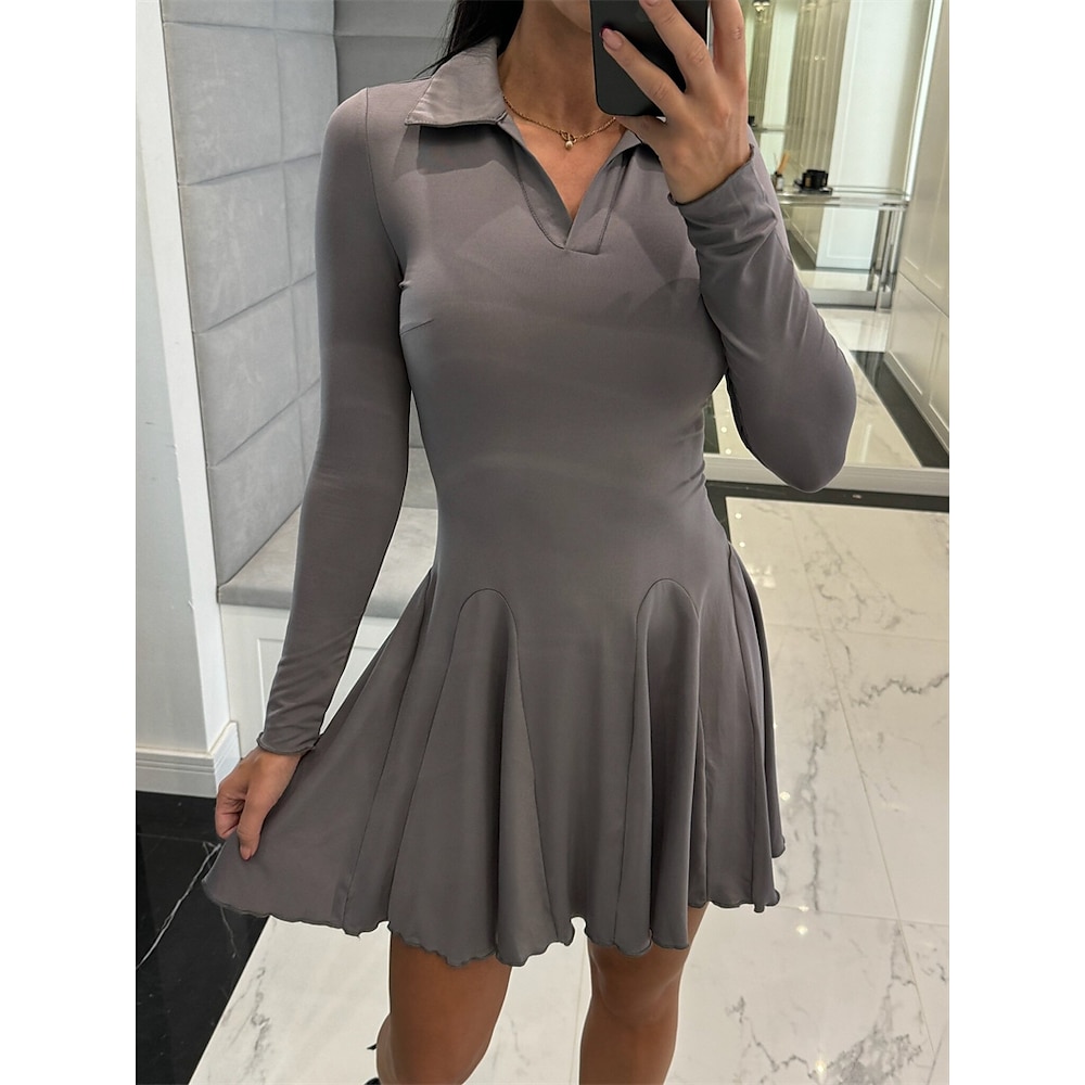 Damen A Linie Kleid Minikleid Polyester Rüsche Verabredung Urlaub Elegant Kargen Langarm Schwarz Kaffee Grau Farbe Lightinthebox