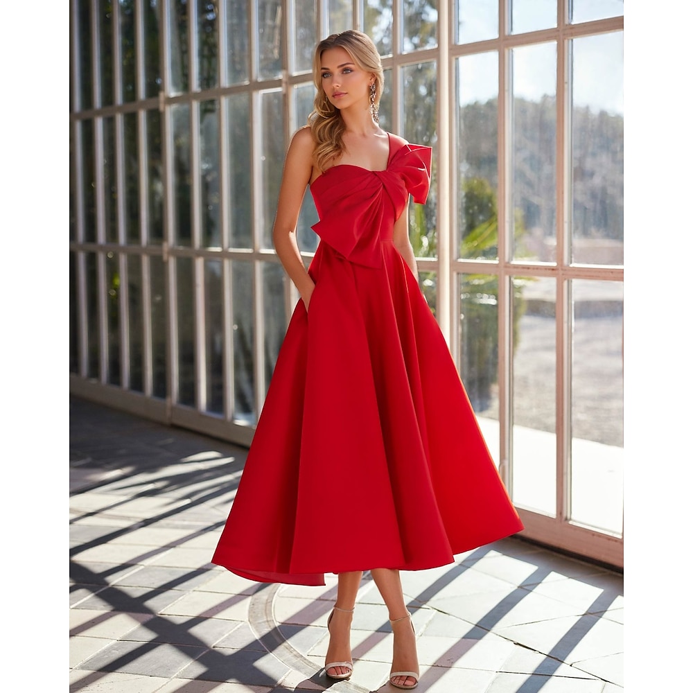 A-Linie Cocktailkleider Elegant Kleid Formal Weihnachten Knöchellänge Ärmellos Ein-Schulter Tasche Satin mit Schleife(n) 2024 Lightinthebox