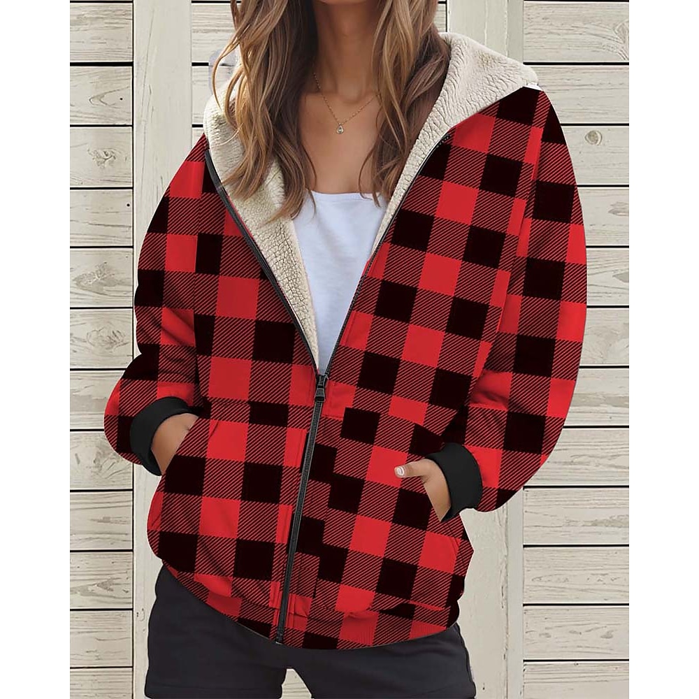 Damen Mantel Kapuzenjacke Outdoor Zip Plaid warm halten Modisch Regular Fit Oberbekleidung Langarm Herbst Rote S Lightinthebox