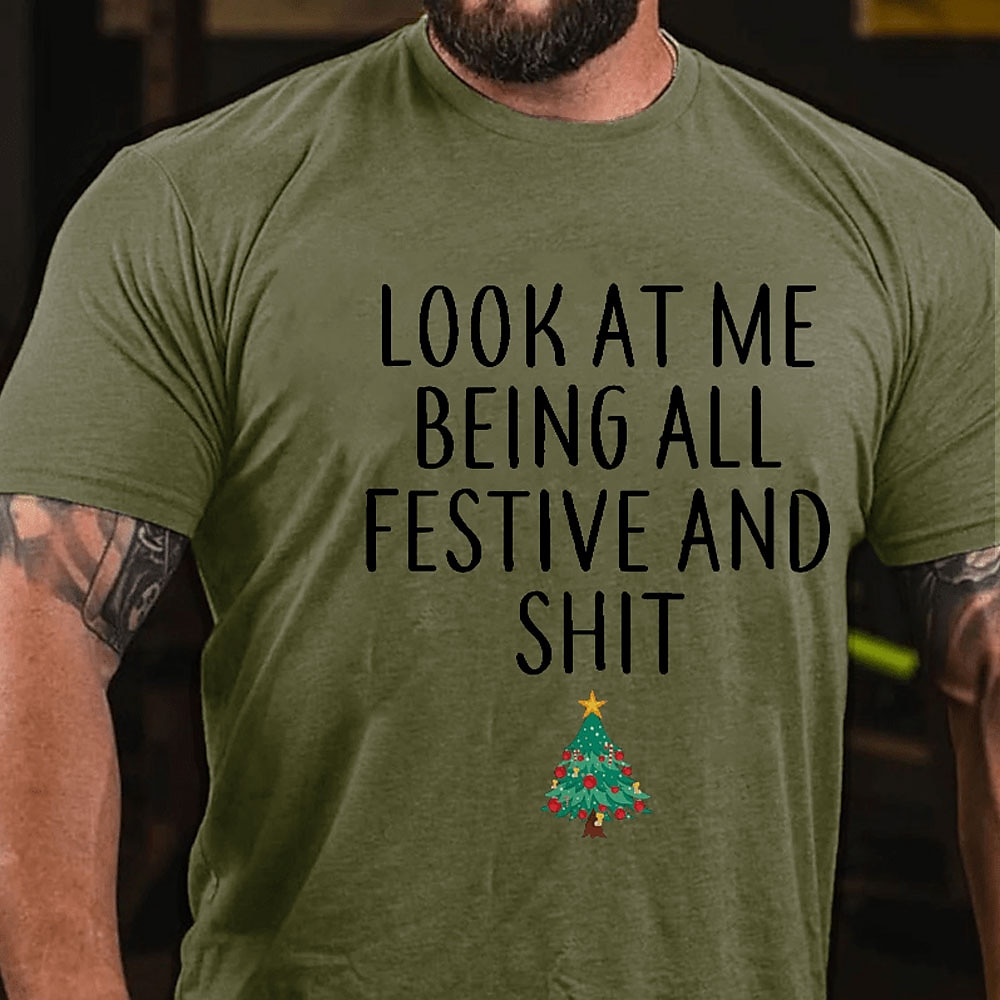 Weihnachts-T-Shirt für Herren mit Weihnachtsbaum-Buchstabenaufdruck, lustiges T-Shirt, 100 % Baumwolle, kurzärmliges Grafikshirt, grau meliert, schwarz, armeegrün, bequemes T-Shirt, Lightinthebox