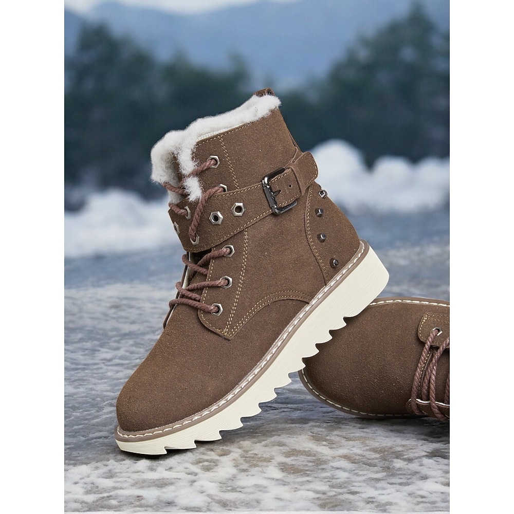 Damen Stiefel Schneestiefel Täglich Innenfutter aus Fleece Stiefeletten Stiefeletten Niete Flacher Absatz Runde Zehe Plüsch Brautkleider schlicht Komfort Kunst-Veloursleder Schnürsenkel Schnalle Lightinthebox