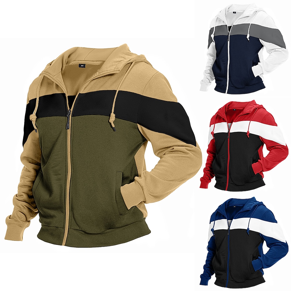 Herren Hoodie Sweatshirt Kapuze Kapuzenshirt mit durchgehendem Reißverschluss Weiß Rote Marineblau Khaki Mit Kapuze Farbblock Patchwork Tasche Arbeit Sport Natur Casual Strassenmode Basic Lightinthebox