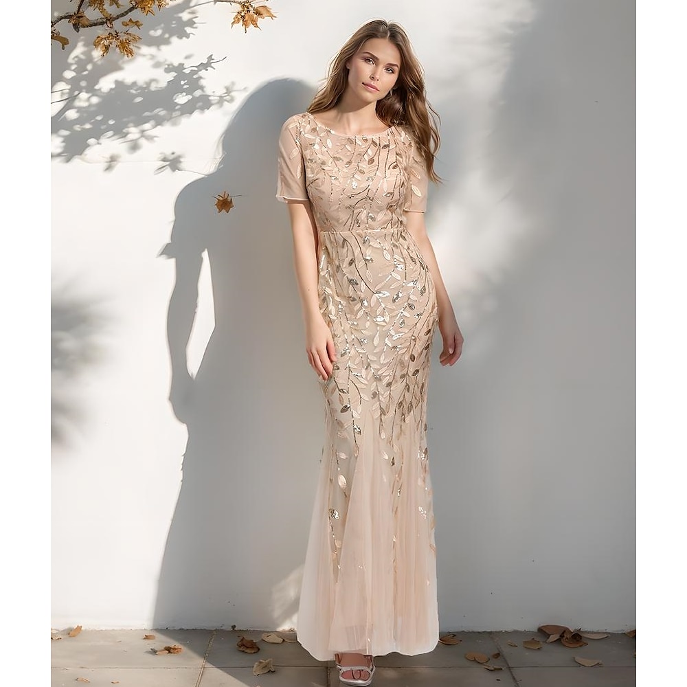 Trompete / Meerjungfrau Kleider für Hochzeitsgäste Elegant Kleid Formal Hochzeit Boden-Länge Kurzarm Bateau Abnehmbar Tüll mit Blumenmuster Applikationen 2024 Lightinthebox