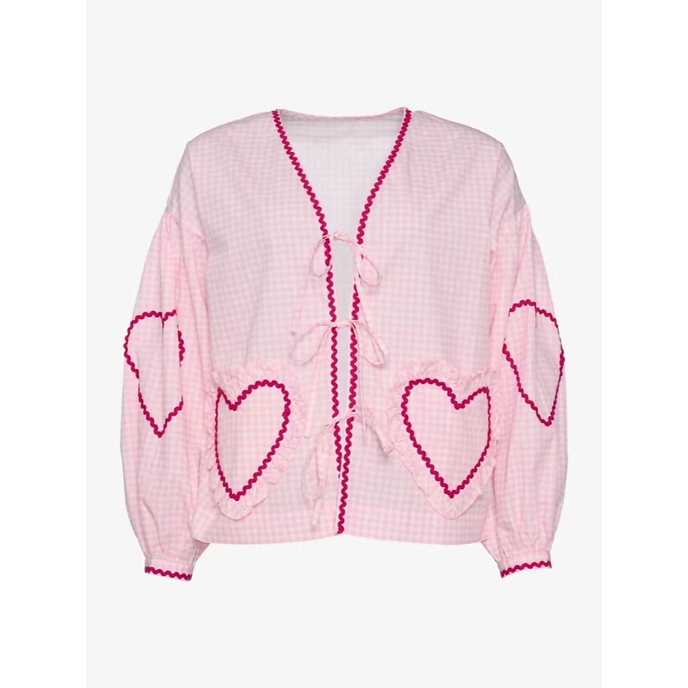 Damen Designer-Shirt Herz Urlaub Täglich Ausgehen Modisch Modern Brautkleider schlicht Laternenärmel Langarm V Ausschnitt Rosa Frühling Sommer Lightinthebox