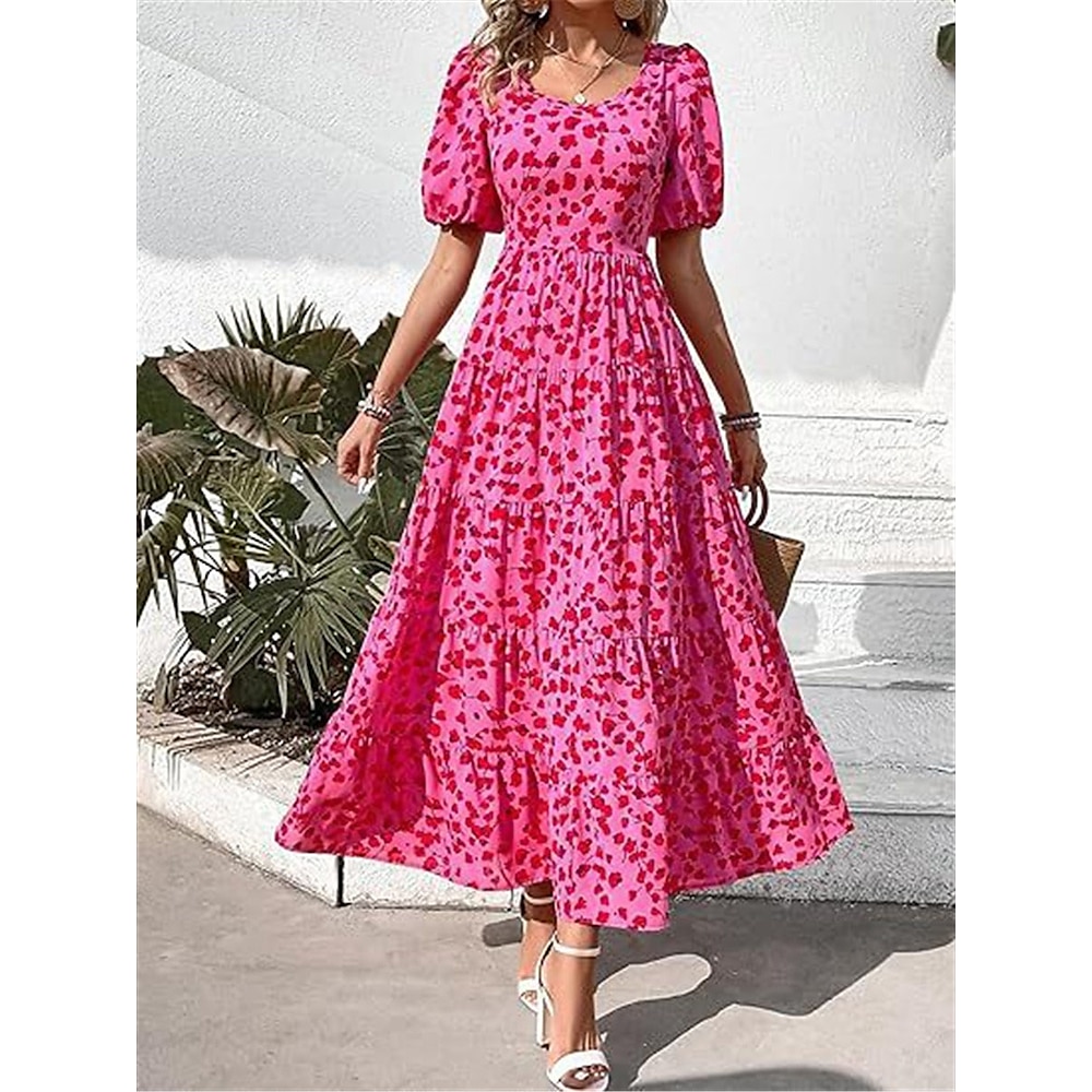 Damen Polyester Leopard Rundhalsausschnitt Maxidress Kurzarm Sommer Frühling Lightinthebox