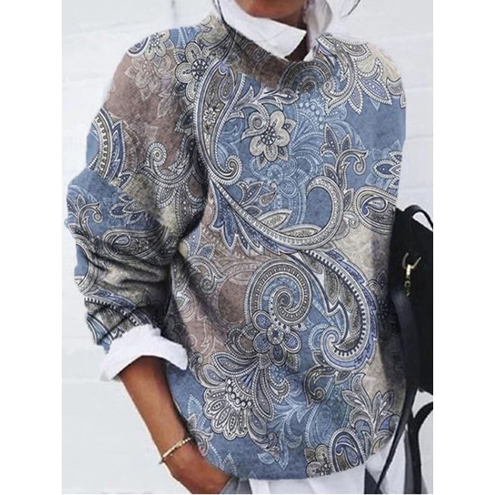 Damen Hemd Bluse Basic Brautkleider schlicht Blumen Paisley-Muster Normale Oberteile Langarm Rundhalsausschnitt Bedruckt Regular Fit Täglich Blau Braun Grau Herbst Winter Lightinthebox