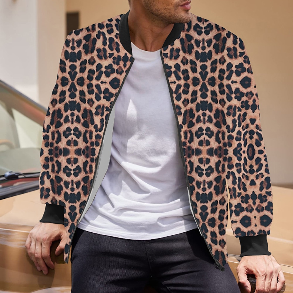 Herren Leichte Jacke Freizeitjacke College Jacke Täglich Urlaub Wasserdicht Tasche Frühling Herbst Leopard-Druck Modisch Strassenmode Ständer Standard Braun Jacken Lightinthebox