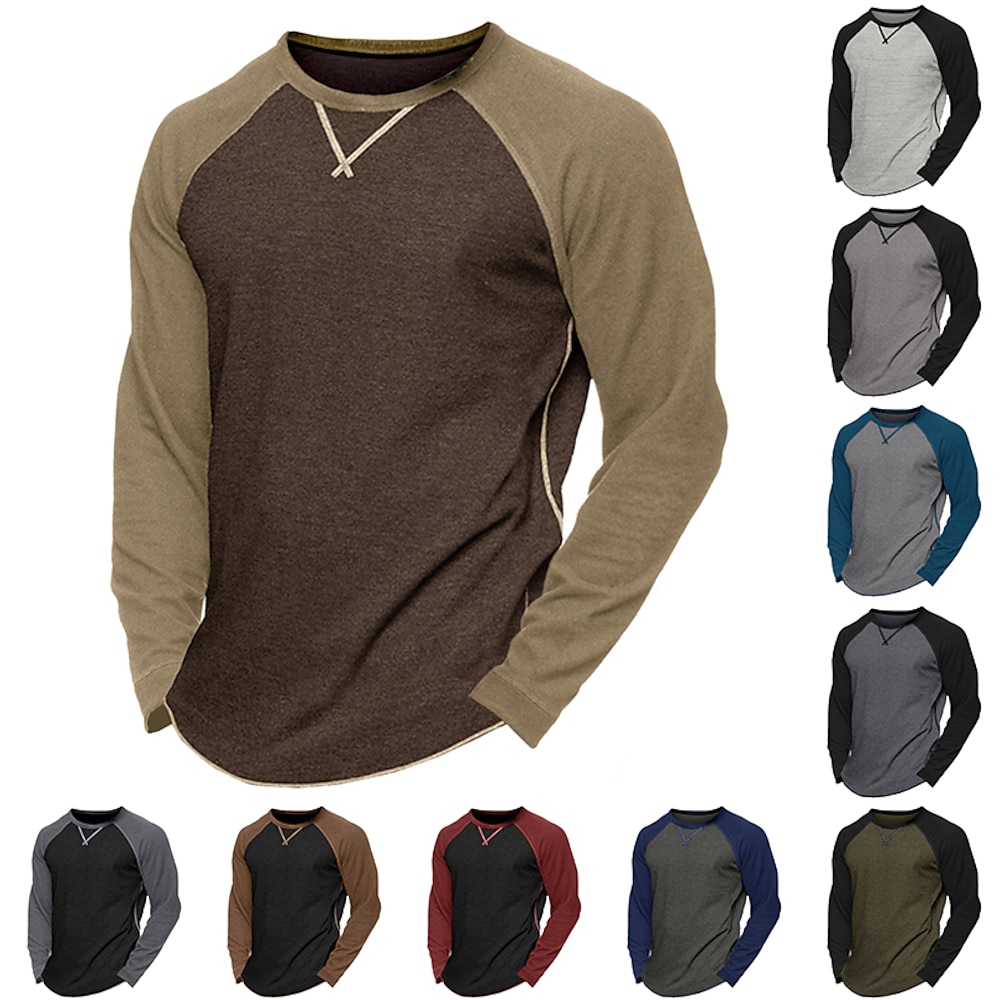 Herren-Sweatshirt mit Raglanärmeln aus 60 % Baumwolle, T-Shirt mit langen Ärmeln, einfarbig, Rundhalsausschnitt, Outdoor-Street-Langarm, Farbblock-Kleidung, Alltags- und Freizeitkleidung, Streetstyle Lightinthebox