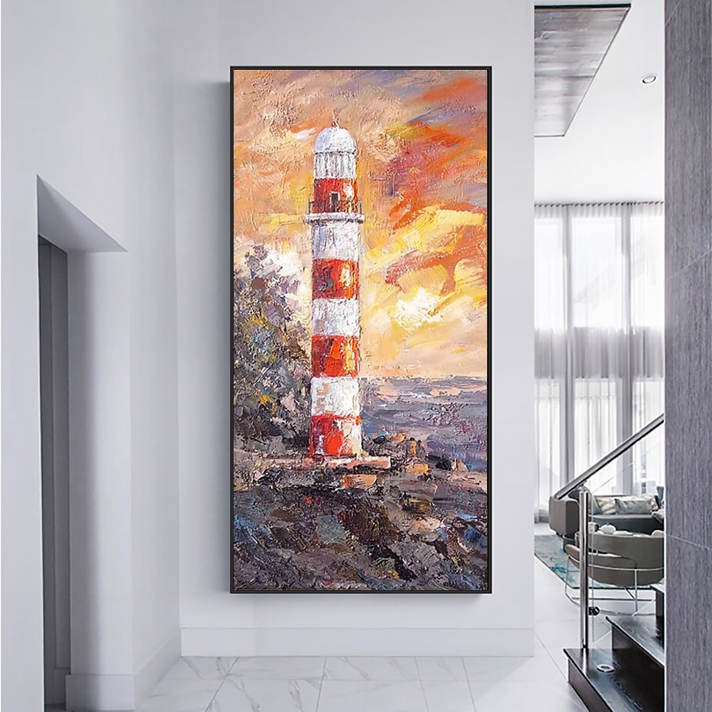 handgefertigtes Ölgemälde auf Leinwand, Wandkunst, Dekoration, moderne Landschaft, Leuchtturm für die Inneneinrichtung, gerolltes, rahmenloses, ungedehntes Gemälde Lightinthebox