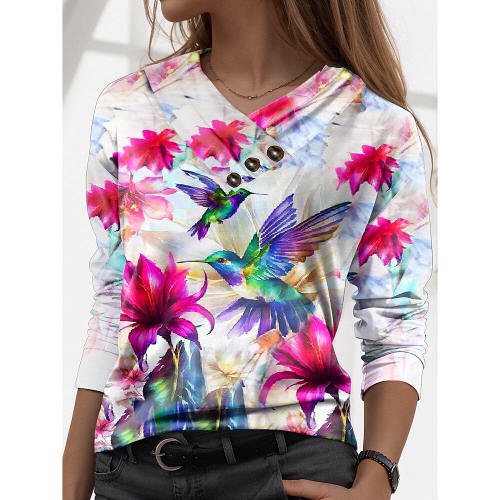 Damen T Shirt Stilvoll Brautkleider schlicht Bedruckt Langarm Normale Oberteile V Ausschnitt Täglich Weiß Herbst Winter Lightinthebox