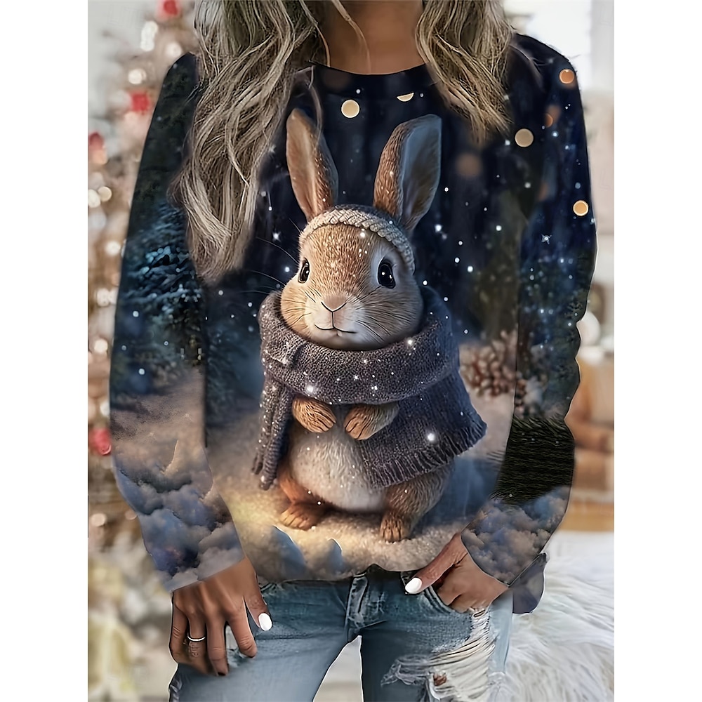 Damen-Sweatshirt aus Polyester mit Kaninchen-Print für den Alltag, lässig, Rundhalsausschnitt, lange Ärmel, mikroelastisch, Herbst/Winter, bequem, atmungsaktiv, weicher Stoff Lightinthebox