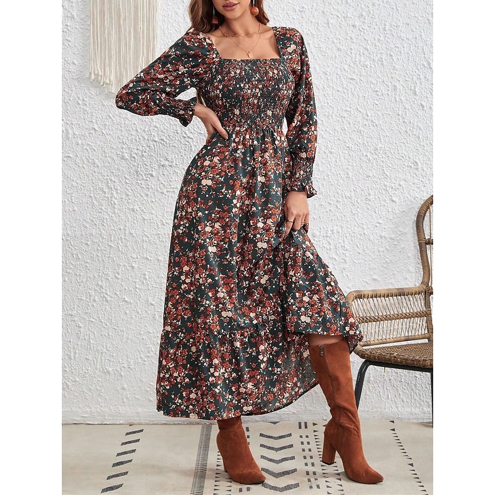 Damen Polyester Blumen Quadratischer Ausschnitt Maxidress Langarm Sommer Frühling Lightinthebox