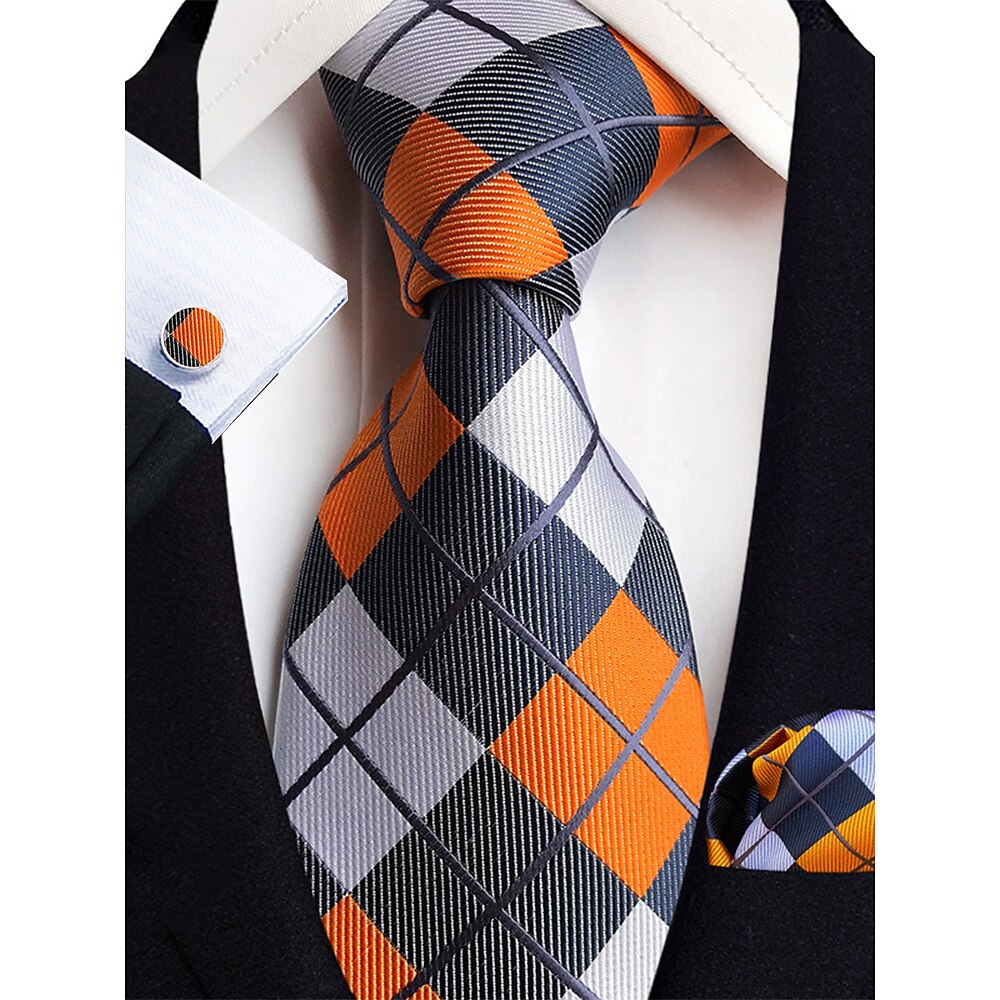 Orange- und marineblaues kariertes Krawattenset für Herren mit Einstecktuch und Manschettenknöpfen - stilvolles formelles Accessoire für Hochzeiten und Geschäftskleidung Lightinthebox