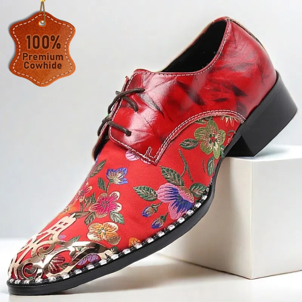 Rote Oxford-Schnürschuhe mit Blumenmuster für Herren - hochwertiges Rindsleder mit Zehenkappe aus Metall, stilvolles Design für Hochzeiten, Partys und besondere Anlässe Lightinthebox