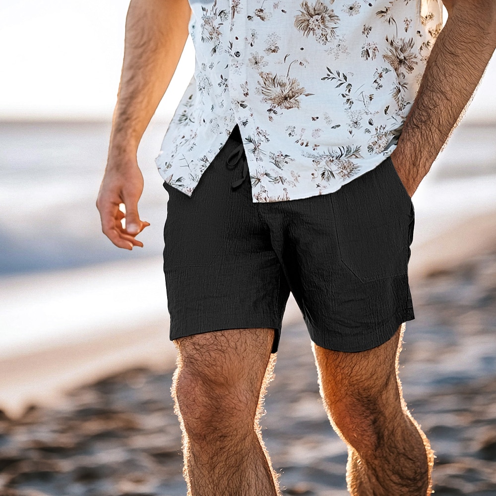 Herren Shorts Kurze Hosen Leinenshorts Kurze Hosen Sommer-Shorts Tasche Kordelzug Elastische Taille Glatt Komfort Atmungsaktiv Kurz Casual Täglich Festtage Modisch Klassicher Stil Schwarz Weiß Lightinthebox