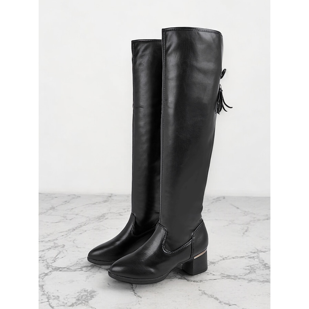 Damen Stiefel Stiefel mit Absatz B¨¹ro Arbeit Stiefel über Knie Quaste Blockabsatz Runde Zehe Geschäftlich Klassisch Minimalismus Kunstleder Halbschuhe Schwarz Lightinthebox