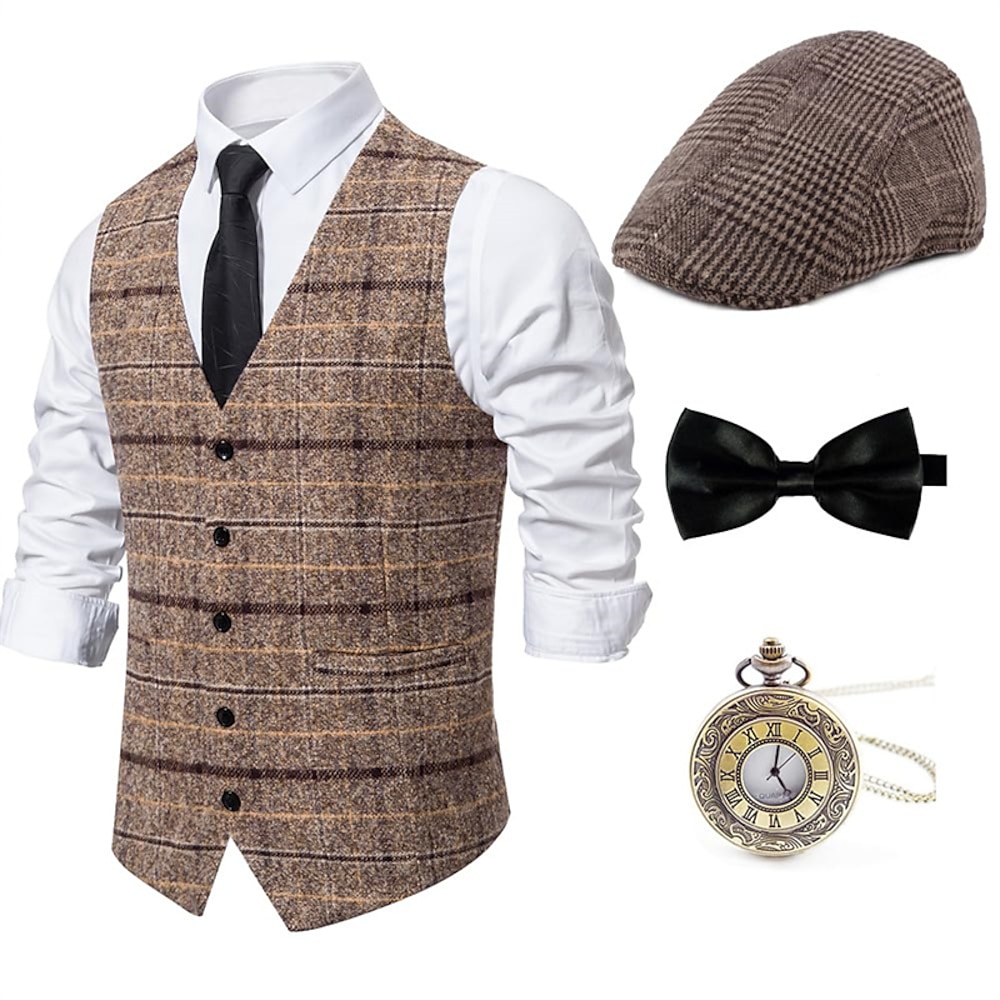 Retro Vintage Brüllen 20s 1920s Austattungen Weste Zubehörset Faschingskostüme 4 Stücke Gentleman Gangster Herren Plaid Schachbrett Halloween Karneval Silvester Maskerade Cocktailparty Kostümparty Lightinthebox