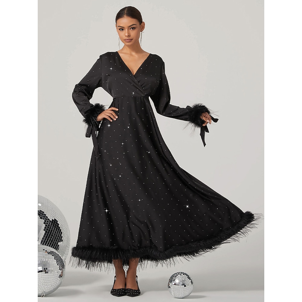 Schwarzes Damenkleid Maxikleid Ballkleid Feder Glitzer Funkeln Party Hochzeitsgastkleid Tasche Glitzer Langarm V-Ausschnitt Formelle Party Silvester Elegant Modern Schwarz Frühling Herbst Winter S M L Lightinthebox