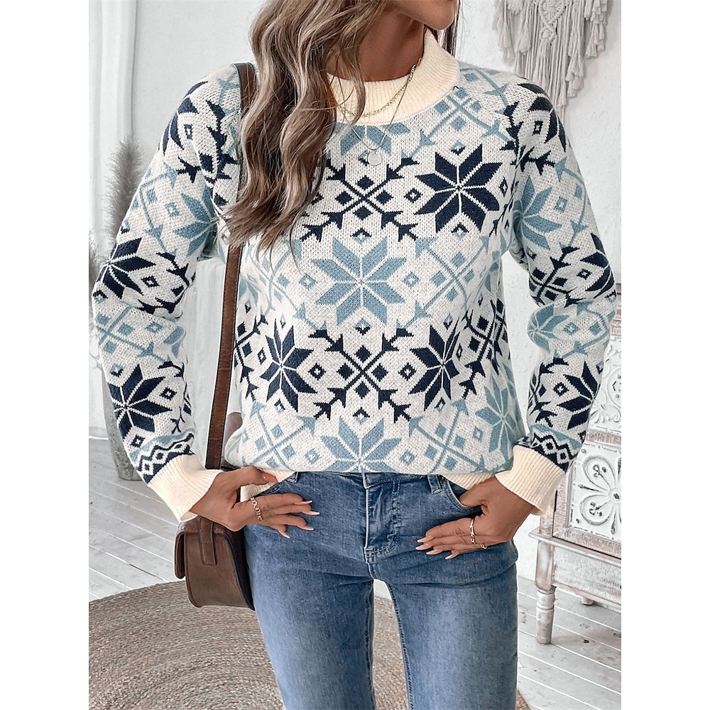 Damen Pullover Hässlicher Pullover Rundhalsausschnitt Gerippt Stricken Acryl Strick Herbst Winter Standard Weihnachten Outdoor Täglich Brautkleider schlicht Weich Langarm Schneeflocken Blau S M L Lightinthebox