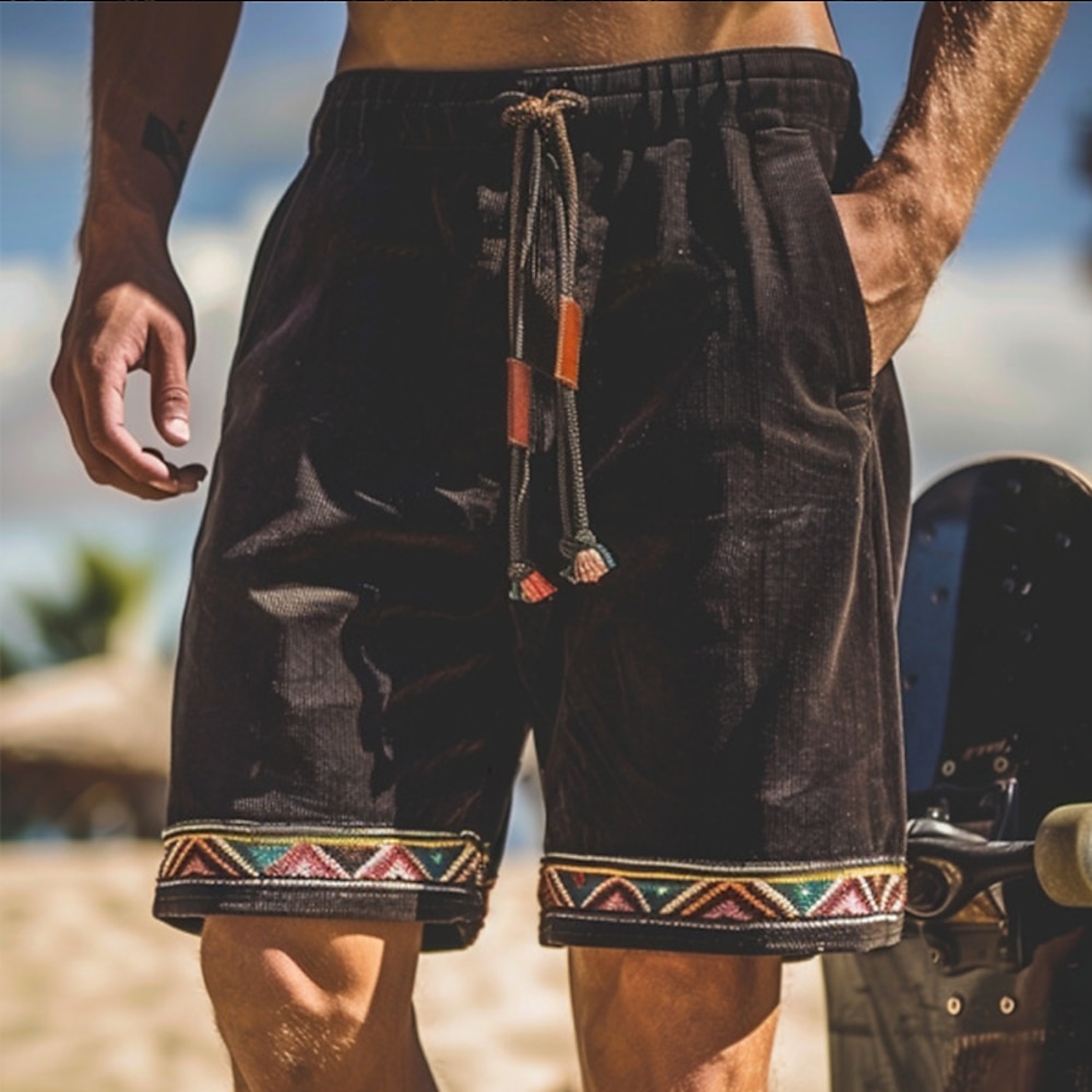 Herren Shorts Kurze Hosen Sommer-Shorts Lässige Shorts Cordshorts Patchwork Kordelzug Elastische Taille Glatt Komfort Weich Knielänge Urlaub Strand Hawaiianisch Urlaub Schwarz Lightinthebox