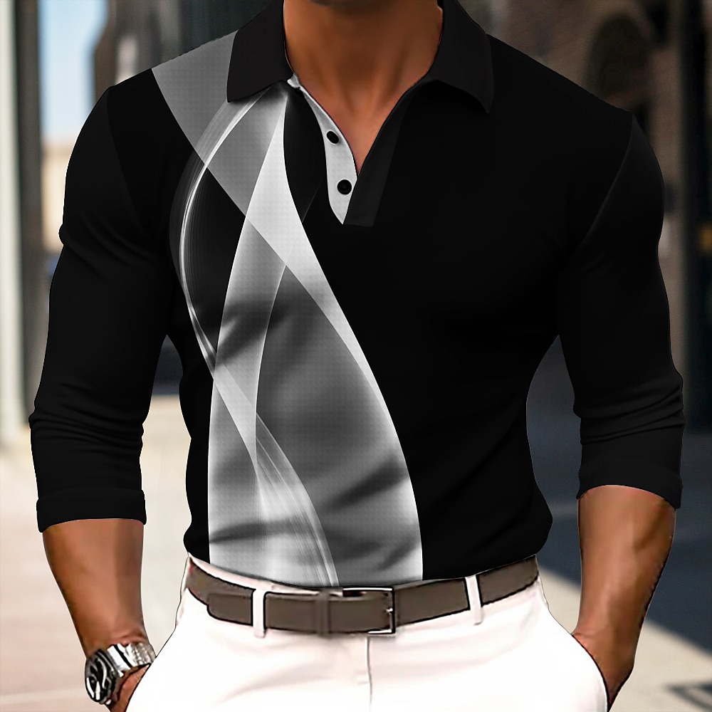 Herren Gestreift Poloshirts zum Suchbegriff: Waffel Langarm Polo-Shirts Kragen Business-Casual Formal Outdoor Alltagskleidung Urlaub Knopf 3D-Druck Schwarz Gelb Rote Lightinthebox