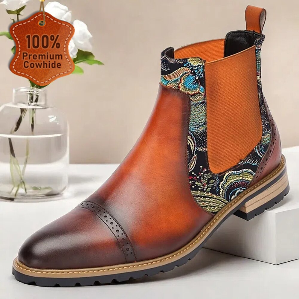 Chelsea-Stiefel aus hochwertigem Rindsleder für Herren mit Blumenstickerei, braunem Farbverlauf-Finish, robuster Sohle - stilvolles Schuhwerk für die Freizeit und formelle Anlässe Lightinthebox