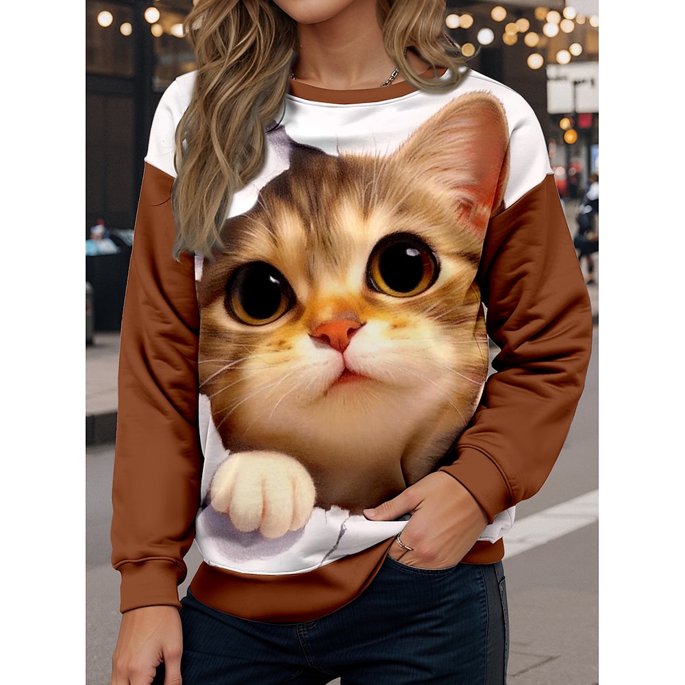 Sweatshirt für Damen, lässig, Tier, Katze, Street, Alltag, Rundhalsausschnitt, bedruckt, langärmelig, braun, Herbst/Winter Lightinthebox