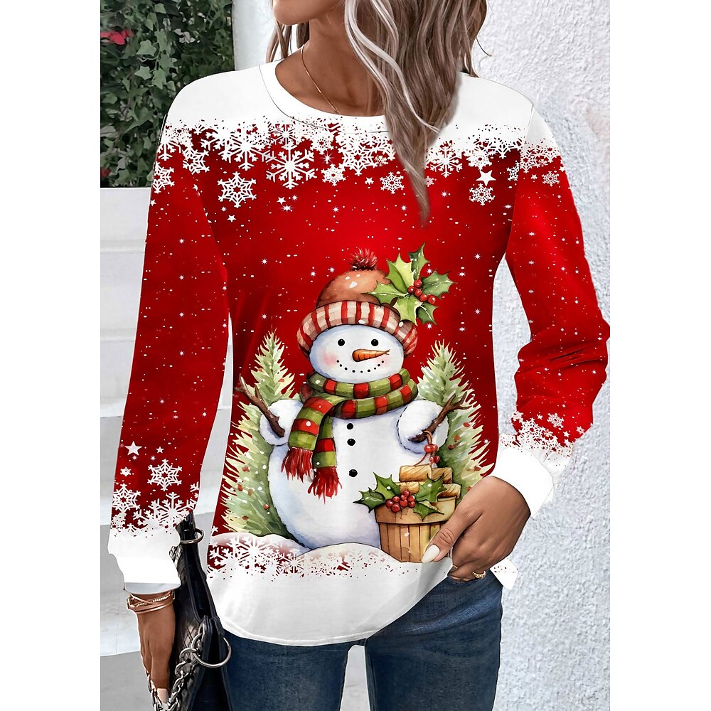 Weihnachts-T-Shirt für Damen mit langen Ärmeln und Schneemann-Print, lässiger Rundhalsausschnitt, rot-weiß, festliches Urlaubs-T-Shirt, Winter-Lagenlook, normale Passform Lightinthebox