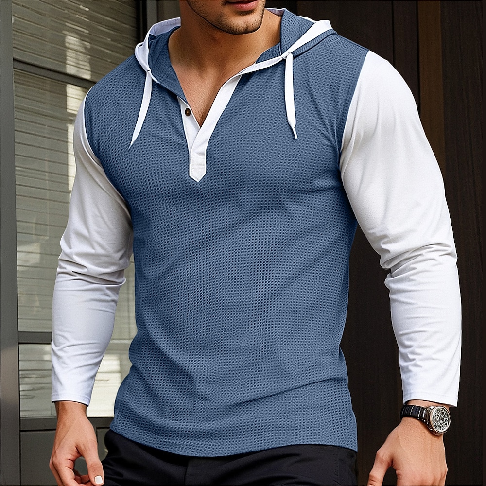 Herren T-Shirt mit Waffelmuster Henley-Hoodie T-Shirt langarmshirt Feste Farbe Mit Kapuze Outdoor Strasse Langarm Patchwork Bekleidung Täglich Brautkleider schlicht Streetstyle Lightinthebox