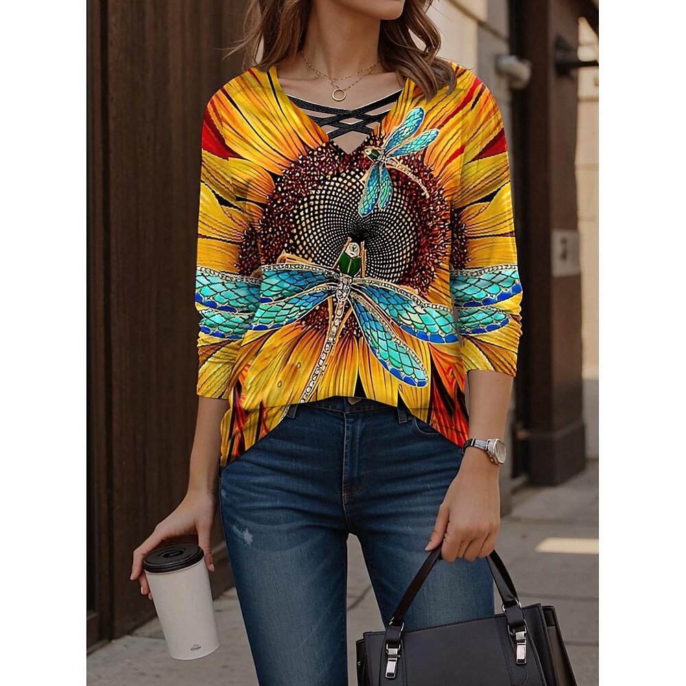 Damen T Shirt Brautkleider schlicht Bühnenlicht vielfarbig Normale Oberteile Langarm V Ausschnitt Ausgeschnitten Bedruckt Regular Fit Täglich Gelb Frühling Herbst Lightinthebox