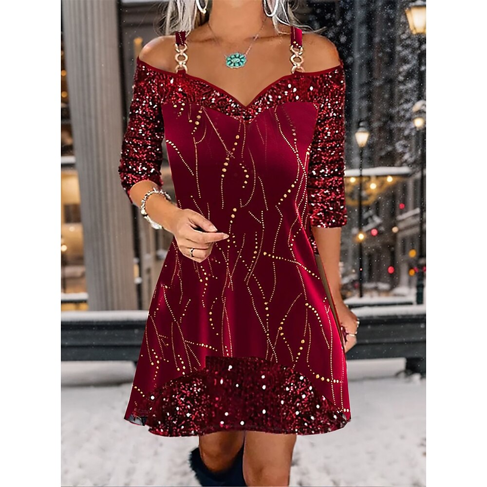 Damen schulterfreies Pailletten-Cocktailkleid Burgunderrot Dreiviertelärmel herzförmiger Ausschnitt ausgestellter Rock Abendparty A-Linien-Kleid Winter Herbst festlich Glamour Lightinthebox