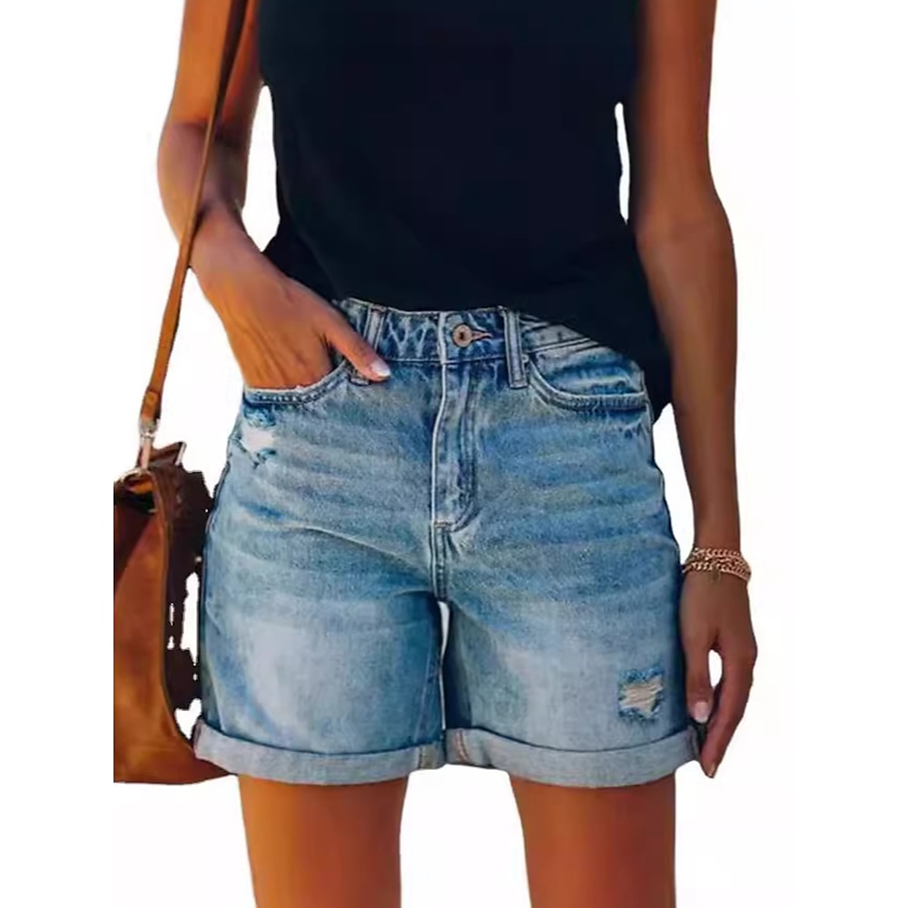 Damen Normal Jeans Casual Kurz Mittlere Taillenlinie Feste Farbe Tasche Bequem Atmungsaktivität Draussen Mikro-elastisch Outdoor Büro / Geschäftlich Hellblau Sommer Regular Fit Lightinthebox