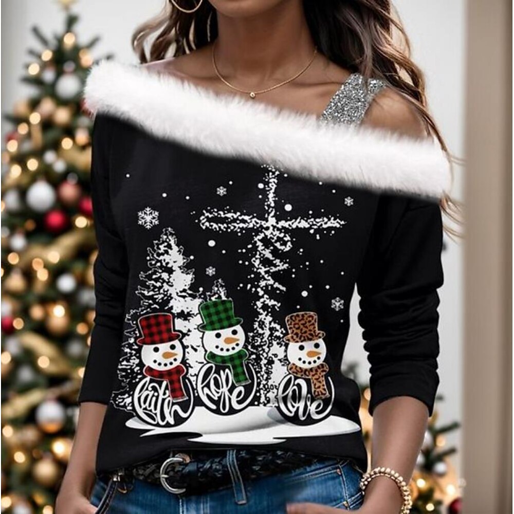 Damen Bluse Bedruckt Party Weihnachten Weihnachten Langarm Schulterfrei Schwarz Herbst Winter Lightinthebox