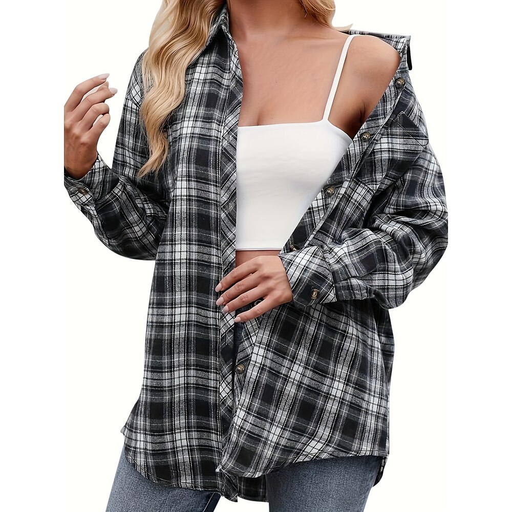 Damen Übergröße Bluse Polyester Plaid Tasche Täglich Brautkleider schlicht Langarm Hemdkragen Schwarz Frühling Herbst Lightinthebox