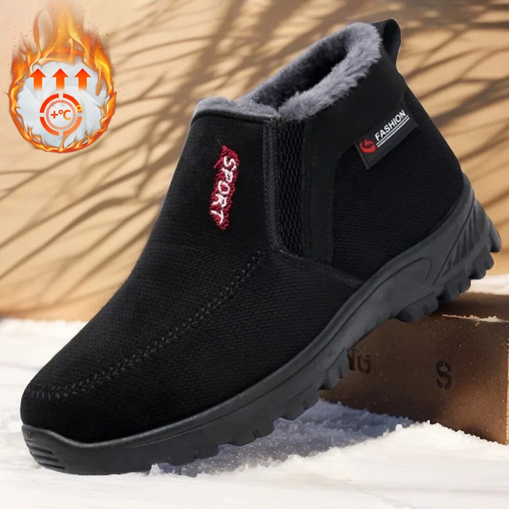 Schwarze Winter-Schlupfstiefel für Herren mit Kunstfellfutter, wasserdichtem Stoff und rutschfester Sohle - perfekt für den Außenbereich Lightinthebox