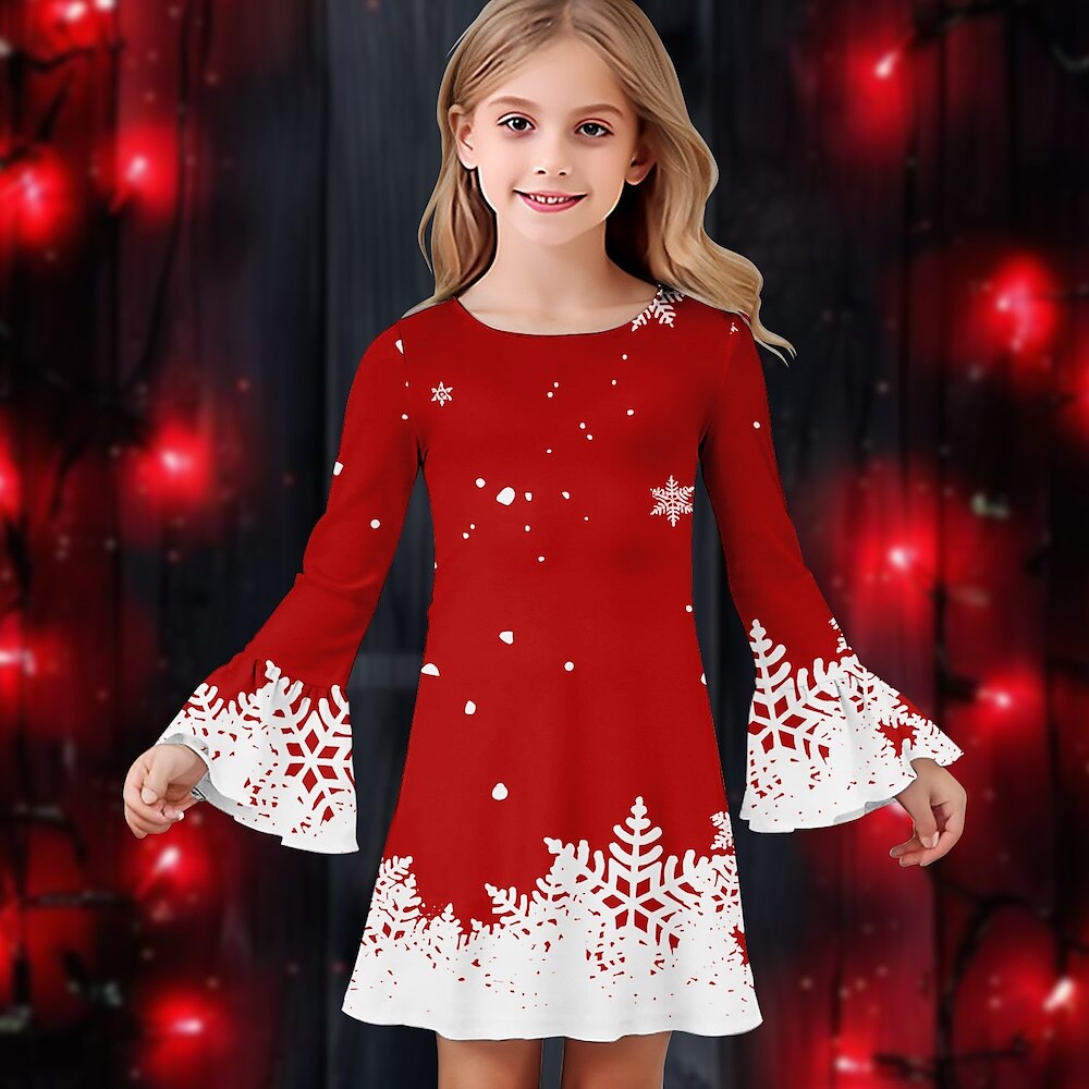 Weihnachten Mädchen' 3D Graphic Schneeflocke Weihnachtsoutfit Kleid Rüschenkleid Langarm Sommer Frühling Täglich Festtage Urlaub Schön Süß kinderkleidung 4-12 Jahre Casual kleid Knielang Polyester Lightinthebox