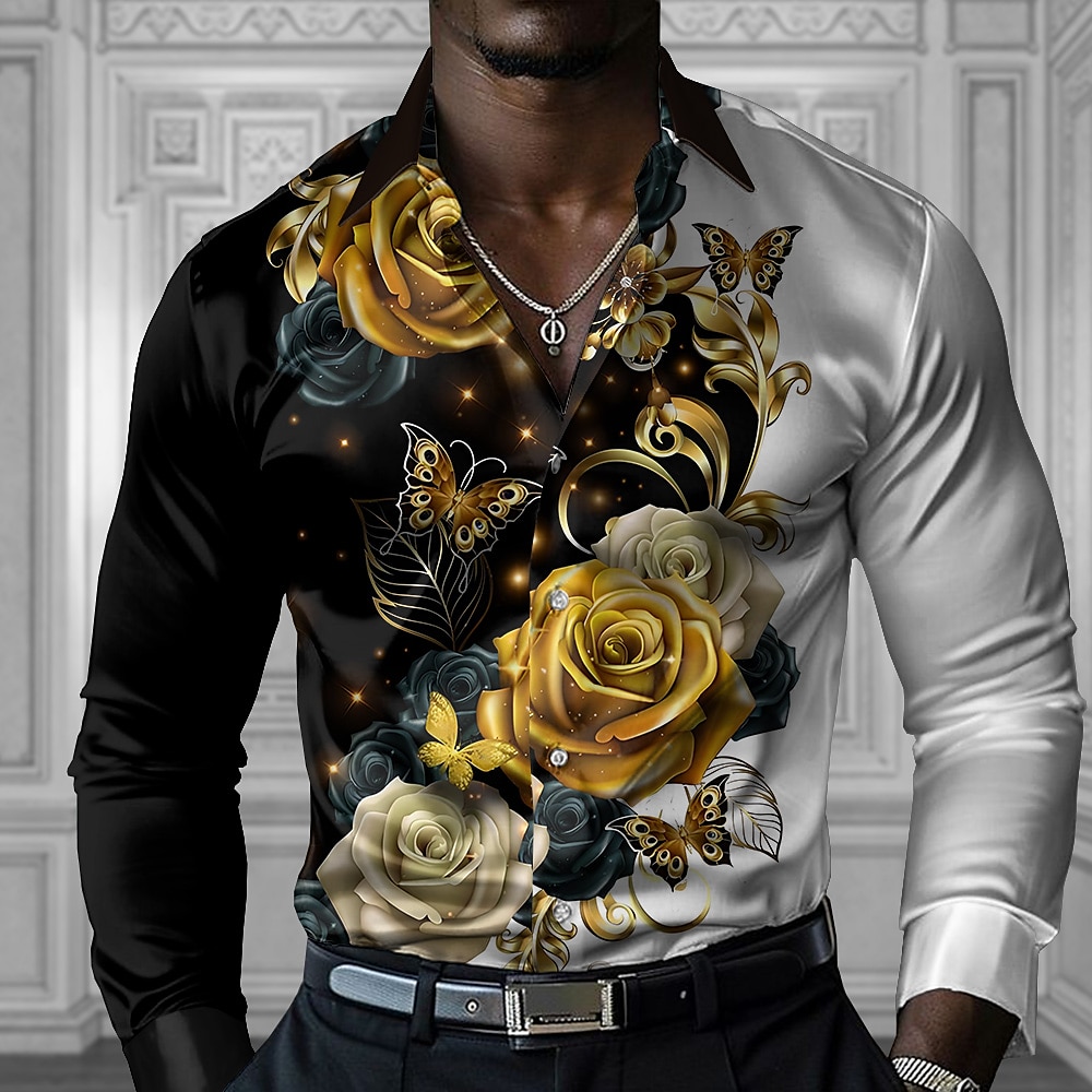 Herren Blumen Designer-Shirt Langarm Modisch lässig Urlaub Party / Abend Frühling Herbst Umlegekragen Knopf hoch Schwarz Lightinthebox