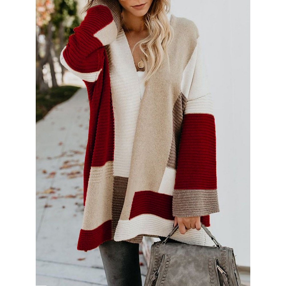 Damen Pullover Strickjacke Brautkleider schlicht Weich Gestreift Gerippt Öffnung vorne Strick Langarm Lange Oberteile Stricken Outdoor Täglich Wochenende Wein Braun Herbst Winter Lightinthebox