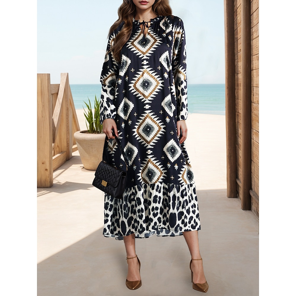 Damen Winter Kleid Kleid drucken Modisch Modern Reifen Geometrisch Farbblock kleid lang Langarm Rundhalsausschnitt Bedruckt Regular Fit Outdoor Urlaub Täglich Schwarz Herbst Winter Lightinthebox