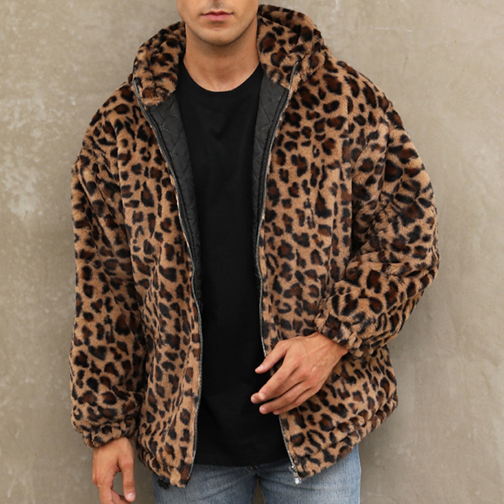 Herren Winterjacke Fleecejacke Mantel aus Kunstpelz Täglich Urlaub warm Tasche Vlies Herbst Winter Leopard-Druck Modisch Strassenmode Mit Kapuze Standard Gelb Blau Grün Jacken Lightinthebox