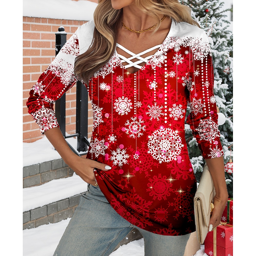 Damen T Shirt Weihnachten Täglich Weihnachten Brautkleider schlicht Langarm Rote Herbst Winter Lightinthebox