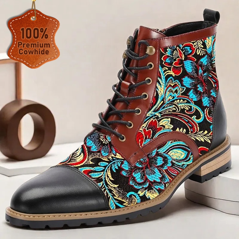 Herren-Schnürstiefel aus hochwertigem Rindsleder mit floralem Jacquard-Design und Kappe - stilvolle und langlebige Stiefeletten für legere und formelle Anlässe Lightinthebox